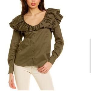 Something Navy Women's Bailey Olive Green Ruffle Long Sleeve Top Size XS